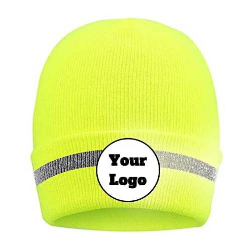 YOWESHOP Customize Unisex High Reflective Beanie Hat Outdoor Hi-Vis Knitted Hat Winter Cap for Men and Women（Yellow） - color: Yellow
